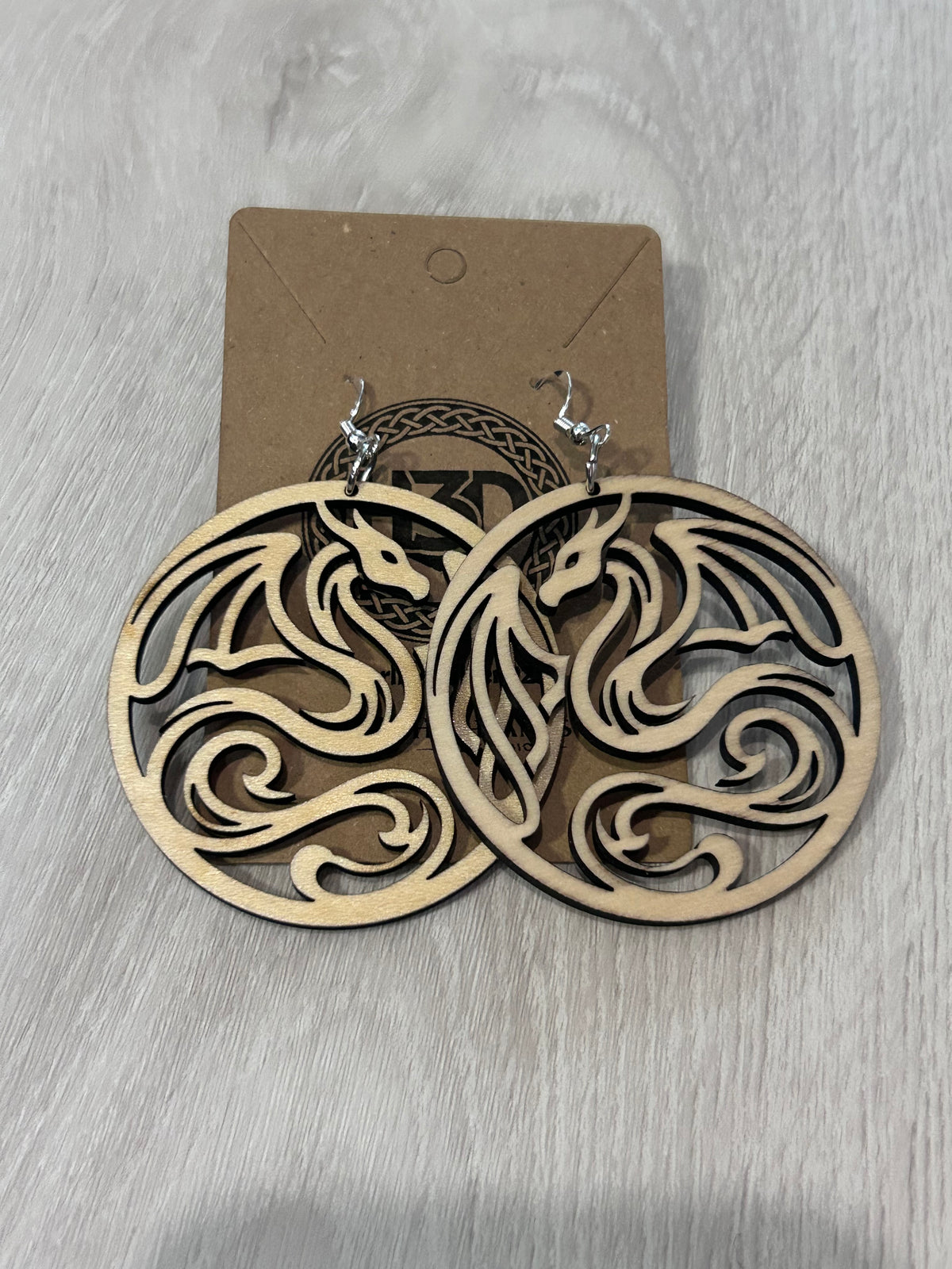 Dragon Wooden Dangle Drop Earrings sterling Silver Hooks