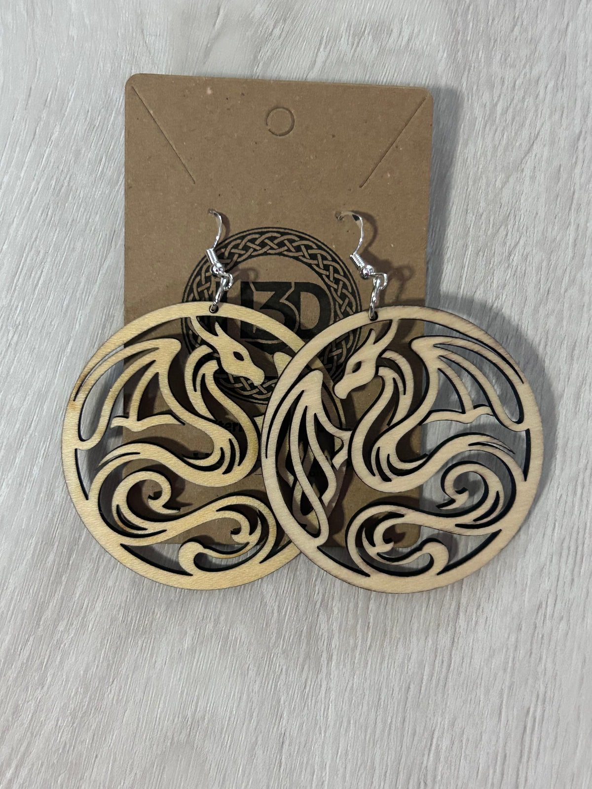 Dragon Wooden Dangle Drop Earrings sterling Silver Hooks