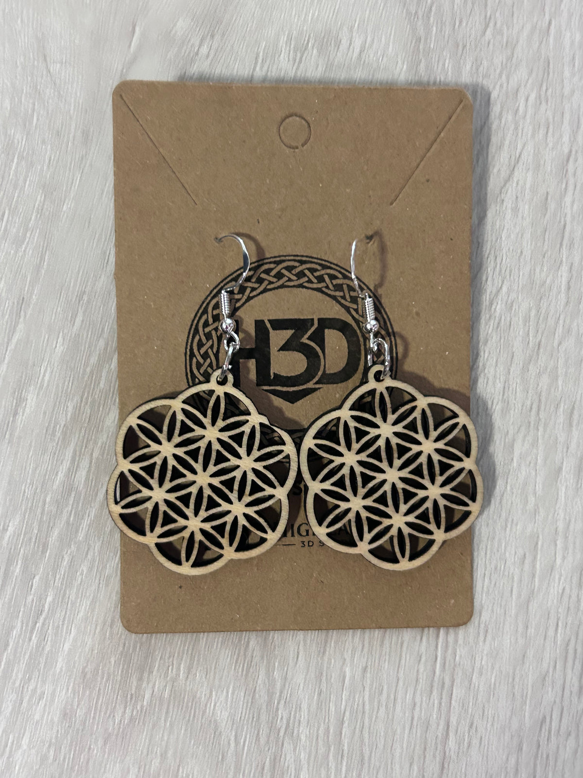 Flower of life Wooden Dangle Drop Earrings sterling Silver Hooks - Free Postage