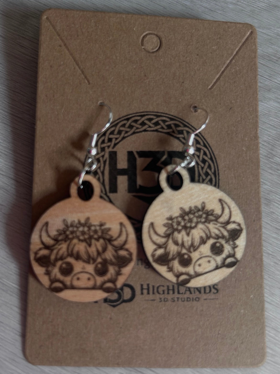 handmade round highland cow Wooden Dangle Drop Earrings sterling Silver Hook