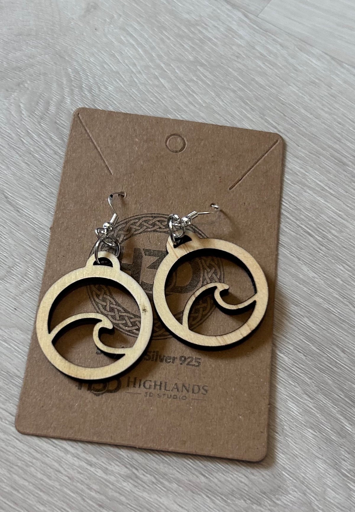 Sea wave Wooden Dangle Drop Earrings sterling Silver Hooks - Free postage