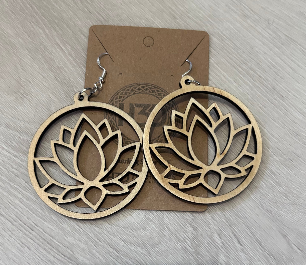 Lotus flower Wooden Dangle Drop Earrings sterling Silver Hooks - Free Postage