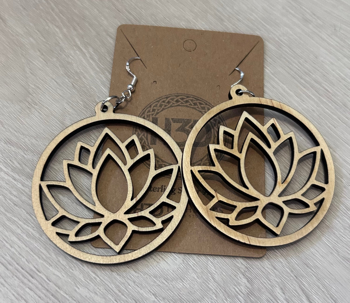 Lotus flower Wooden Dangle Drop Earrings sterling Silver Hooks - Free Postage