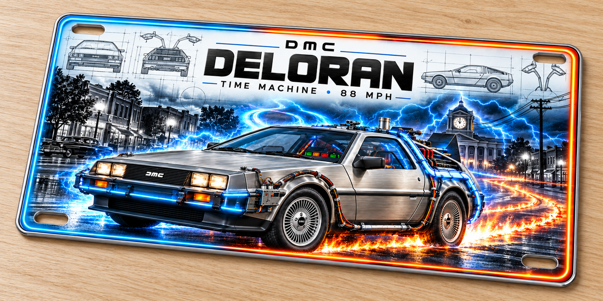 DMC DeLoran metal wall sign, glossy Printed show plate -Back to the future style