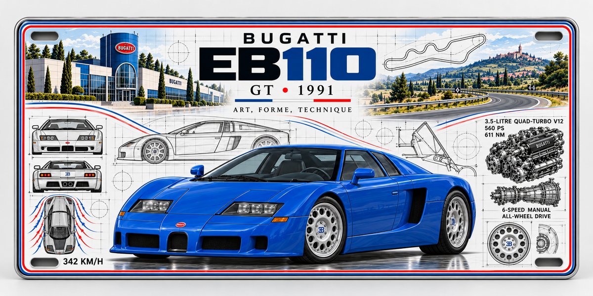 Bugatti EB110 metal wall sign, glossy Printed show plate