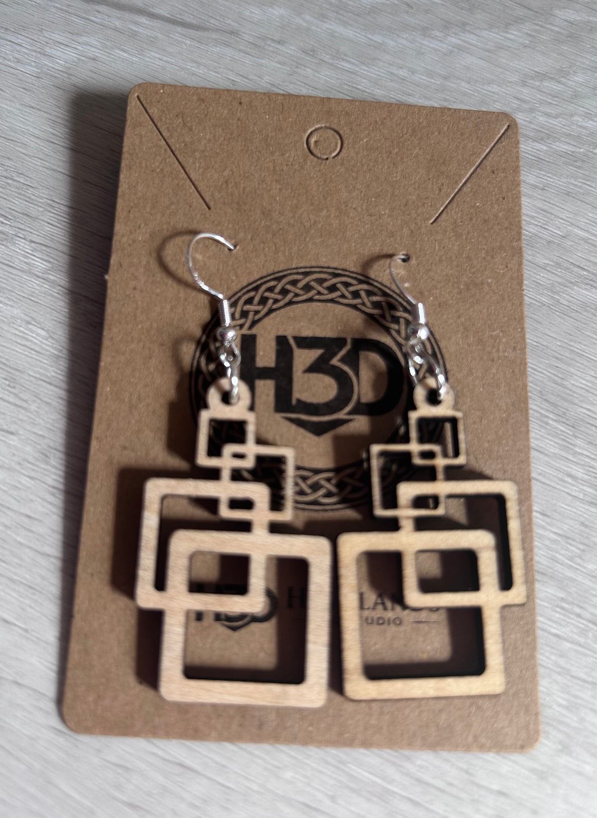 Laser cut and handmade Square Wooden Dangle Drop Earrings sterling Silver Hook - Free postage
