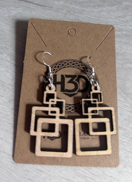 Laser cut and handmade Square Wooden Dangle Drop Earrings sterling Silver Hook - Free postage