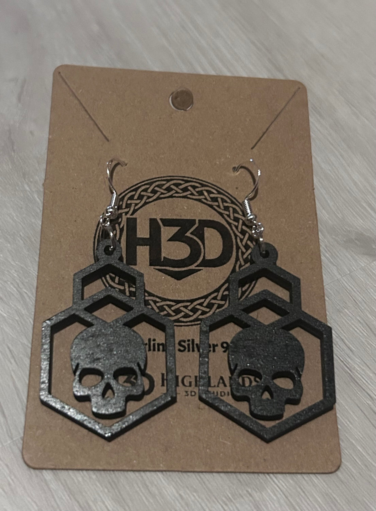 handmade black skull  Wooden Dangle Drop Earrings sterling Silver Hook - Free Postage