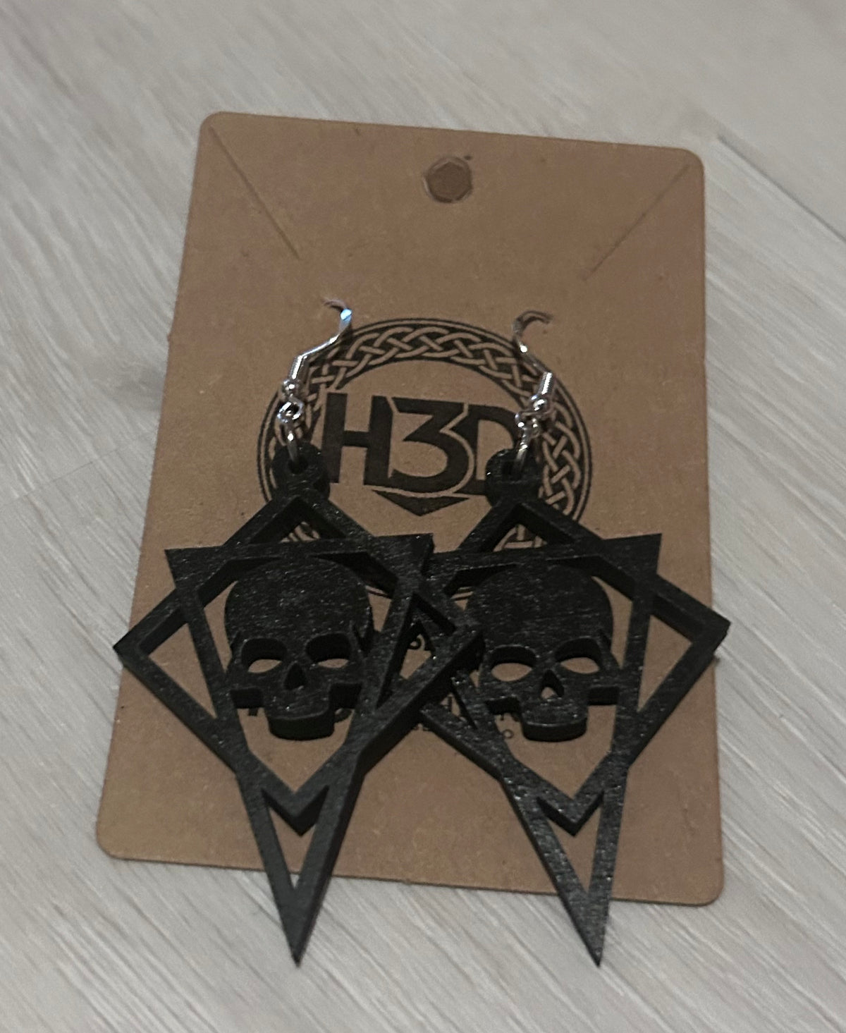 handmade black skull  Wooden Dangle Drop Earrings sterling Silver Hook - Free Postage