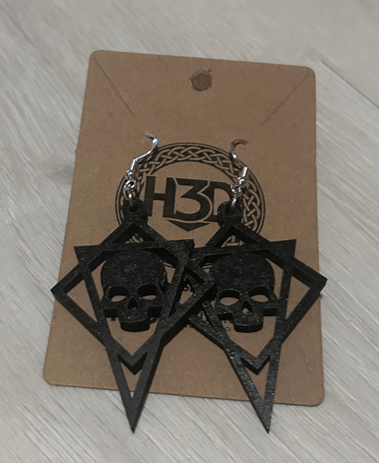 handmade black skull  Wooden Dangle Drop Earrings sterling Silver Hook - Free Postage