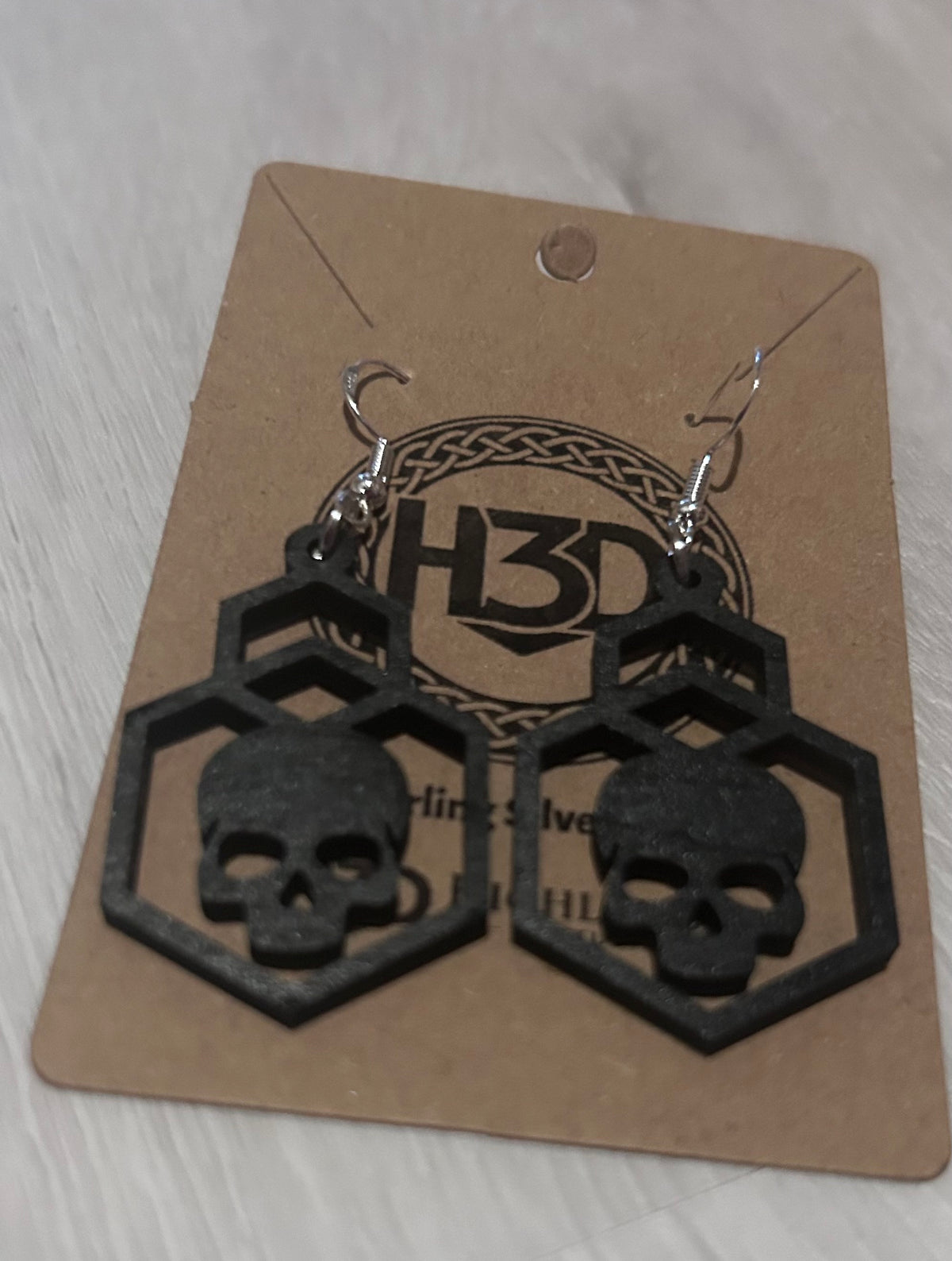 handmade black skull  Wooden Dangle Drop Earrings sterling Silver Hook - Free Postage