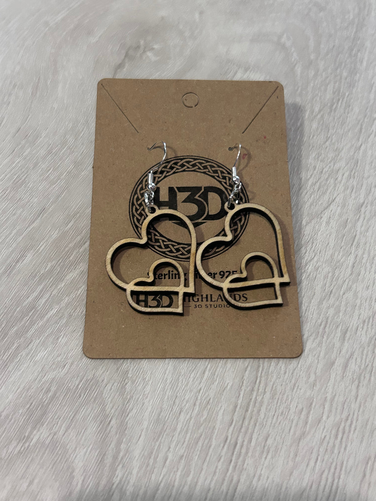 Double hearts  Wooden Dangle Drop Earrings sterling Silver Hooks - Free UK postage