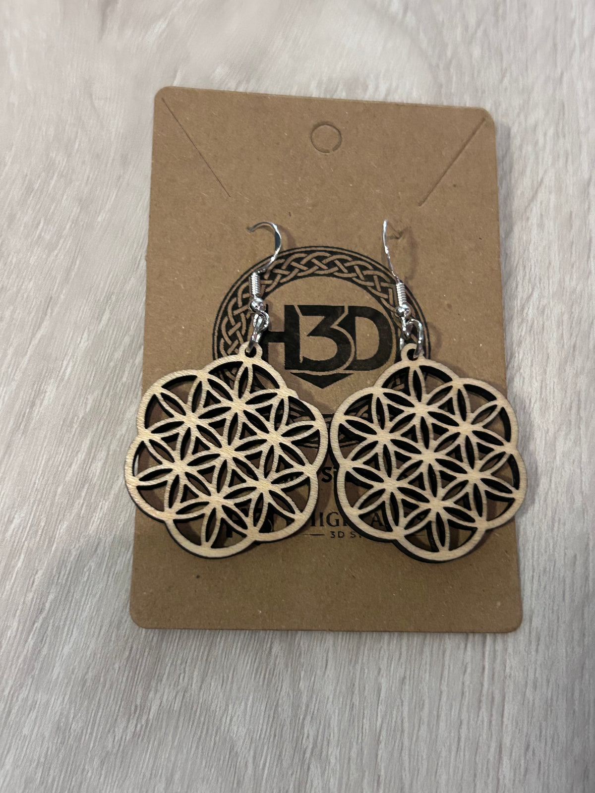 Flower of life   Wooden Dangle Drop Earrings sterling Silver Hooks - Free Postage