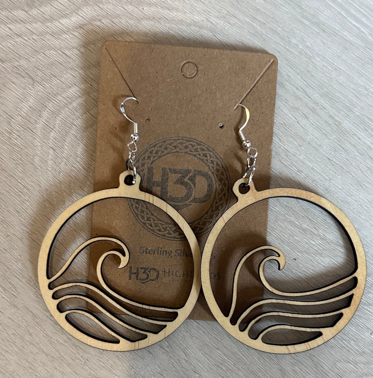 Sea waves Large type Wooden Dangle Drop Earrings sterling Silver Hooks - Free Postage