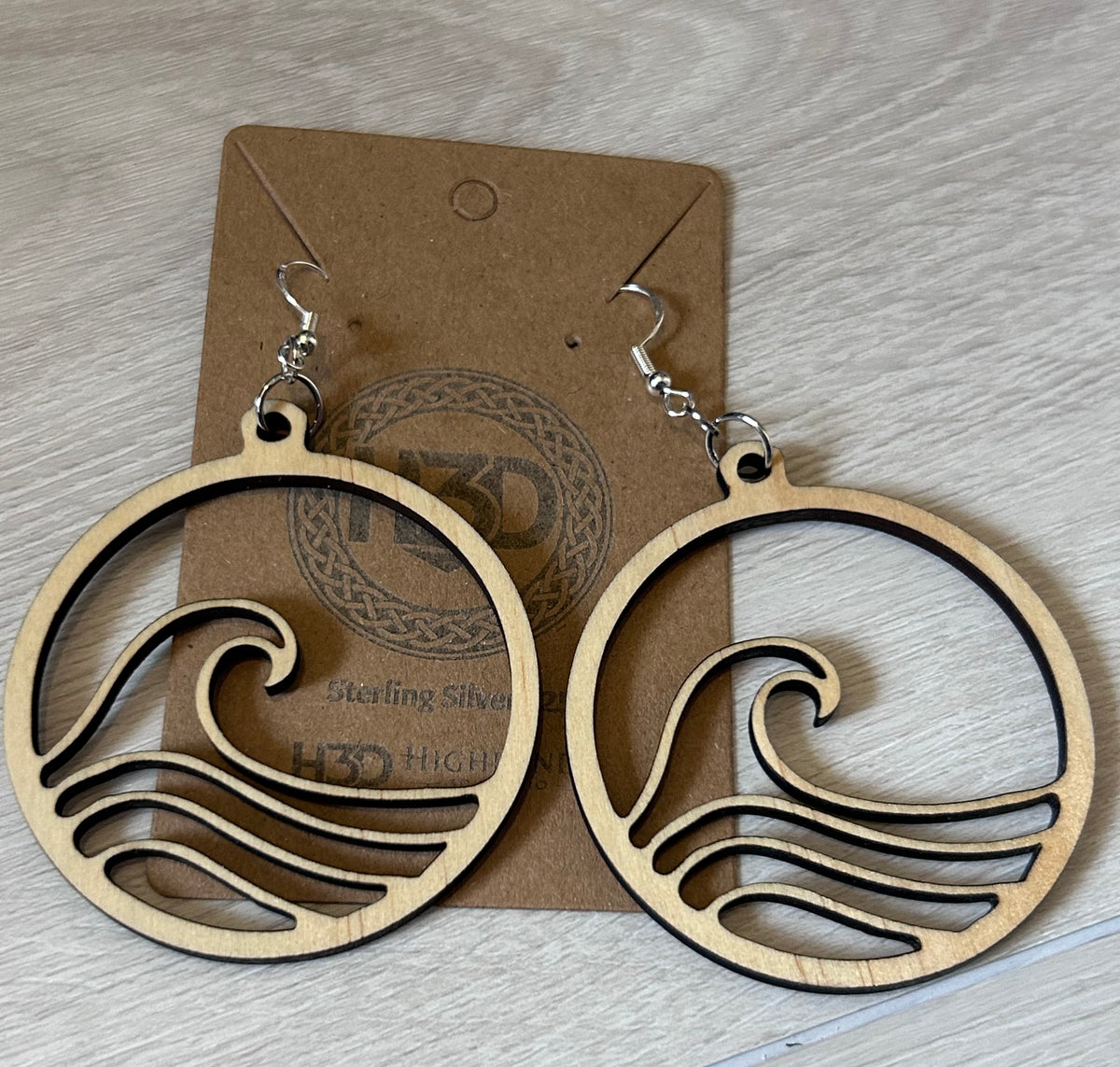 Sea waves Large type Wooden Dangle Drop Earrings sterling Silver Hooks - Free Postage