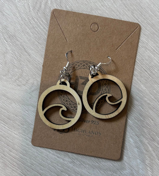 Sea wave  Wooden Dangle Drop Earrings sterling Silver Hooks - Free postage
